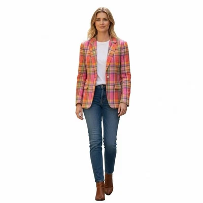 Lauren Ralph Lauren Plaid Linen Blazer Jacket Women Size 10 Pink Orange Rainbow - Image 1 of 4