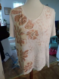 Damen Gr. XL Nicole Miller verziertes weißes Kurzarm V-Ausschnitt Baumwolle Top - Bild 1 von 3