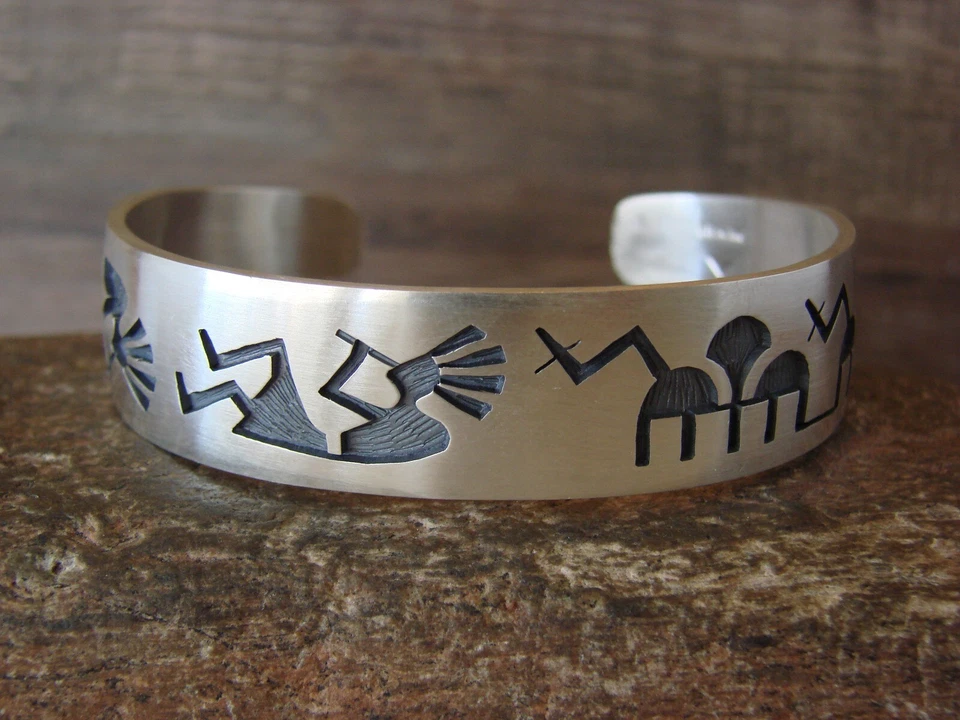 Hopi Indian Sterling Silver Kokopelli Cuff Bracelet - Timothy Mowa - Image 1 of 4