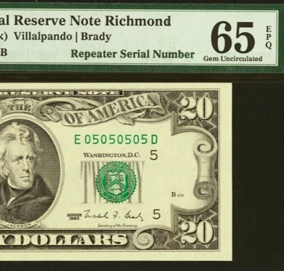 1990 $20 Federal Reserve Note PMG 65EPQ - Super Repeater Serial Number 05050505 - Image 1 of 3