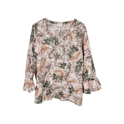 J Jill 亚麻衬衫棕榈叶 3/4 袖 V 领宽松版型大号白色海岸  — 第 1/4 张图片