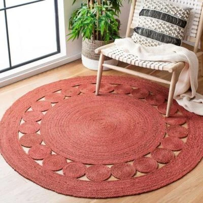 Jute Rug Round Red Circle Design Farmhouse Area Rug Rustic Look Rug Boho Rug - Image 1 of 4