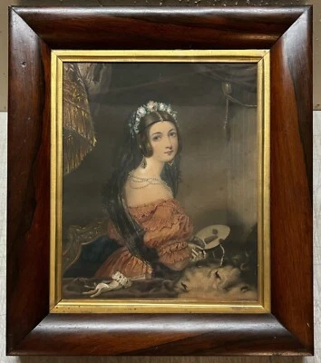 Antigua MUJER TEATRO Retrato Pintado Mezzotint en DELVECCHO Caoba MARCO REINO UNIDO Foto 1 de 4