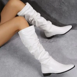 Kniehoch Stiefel Damen Party Boots Falten Slouch Schlupf Freizeit Outdoorschuhe - Bild 1 von 10