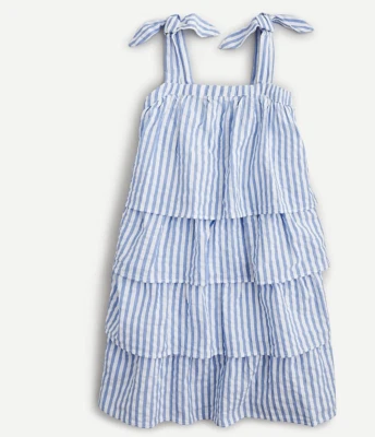 J. ЭКИПАЖ ДЕВОЧЕК SEERSUCKER ПЛАТЬЕ ЦВЕТА СЛОНОВОЙ КОСТИ СИНИЕ ПОЛОСЫ AN226 - Изображение 1 из 4