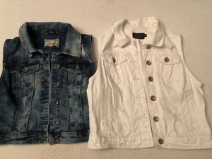 Kids Girls lot of two Blue and white Denim Jean Jacket Vest Medium VTG - Picture 1 of 4