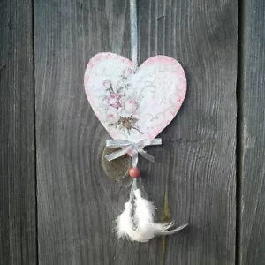 Valentine heart ornament Pink Shabby Roses print Floral Wedding Decoration Gift - Picture 1 of 7