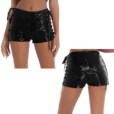 Pantalones Cortos Para Mujer Lentejuelas Brillo Rave Botín Baile Pantalones Cortos Calientes con Bolsillos Foto 1 de 4