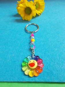 CUTE RESIN COLORFUL SUNFLOWER CHARM 29 mm - ON A CRYSTAL BEAD KEY RING # 373 K - Picture 1 of 20