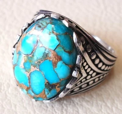 Solid 925 Sterling Silver Natural Blue Turquoise Gemstone Bohemian Men's Ring - Image 1 of 4