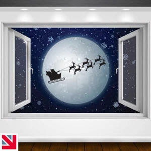 CHRISTMAS XMAS SANTA REINDEERS MOON SNOW 2 Wall Decal Sticker Vinyl Window View - Picture 1 of 2