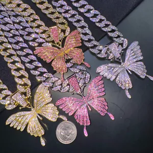 Women Iced Bling Out Gold Plated Butterfly Luxury Pendant, Miami Necklace Chain - Picture 1 of 18