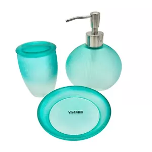 DKNY Aqua Ribbed Glass Bathroom 3 pc Set Soap Dispenser Toothbrush Holder Tray - Picture 1 of 11