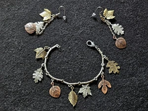 Botanical Multitone Fall Autumn Leaves Charm Bracelet + Earrings. Handmade, New - Picture 1 of 17