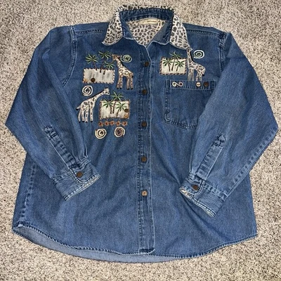 Vintage Carrie Allen Long Sleeve Denim Long Sleeve Giraffe Trees Sz XL - Image 1 of 4