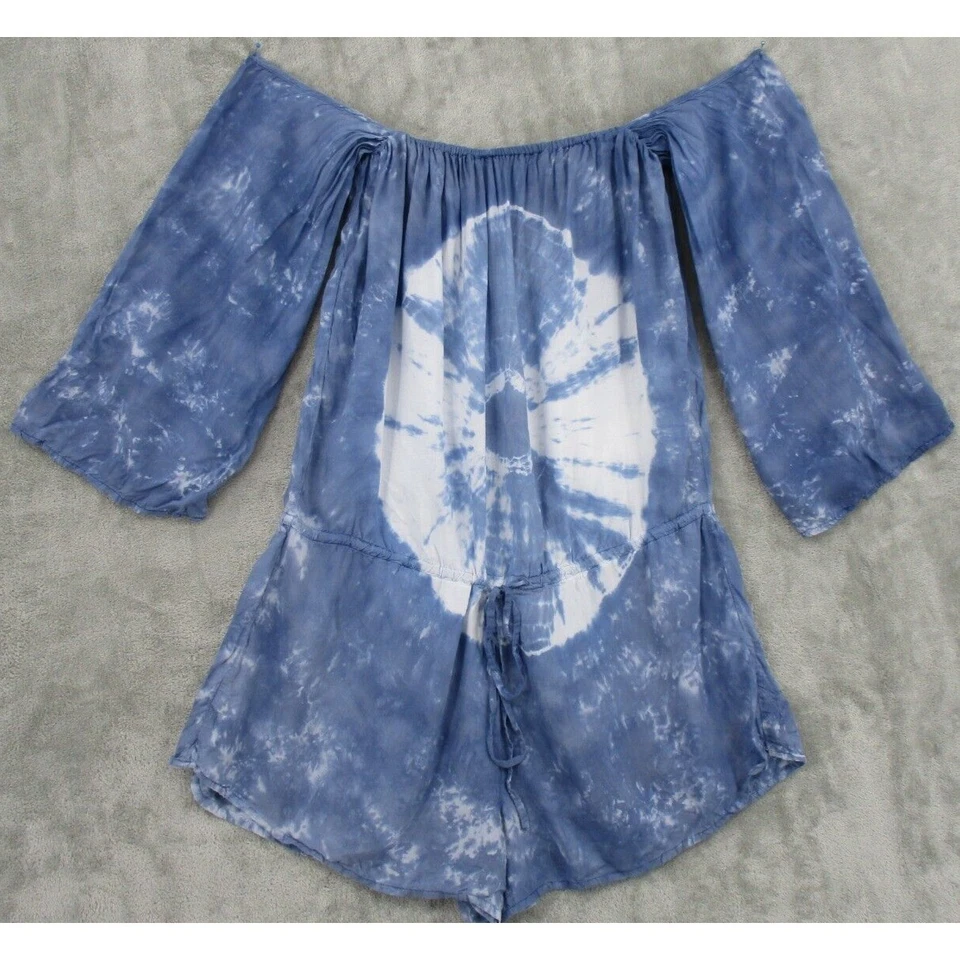 Mameluco Elan para mujer pequeño tie dye fuera del hombro bohemio playa resort azul Foto 1 de 4