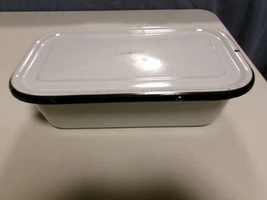 Vintage Enamel Rectangle Pan, With Lid- 7.5 X 13.5 Black And White - Picture 1 of 3