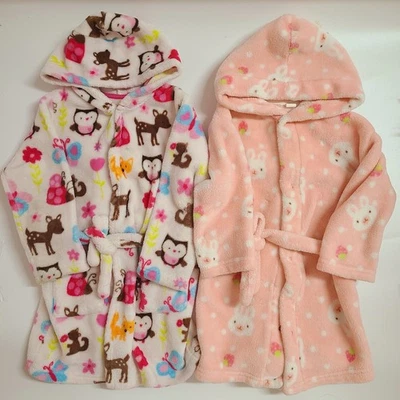 2 piezas Niñas Búho Ciervo Conejo Conejo Vellón Bata Con Capucha Albornoz Rosa Blanco 3T - 4T Foto 1 de 2
