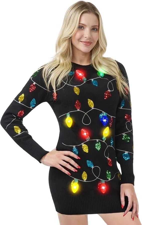 Womens Light Up Ugly Christmas Sweater Dress with Colorful Light Up Bulb, Black - Image 1 of 4
