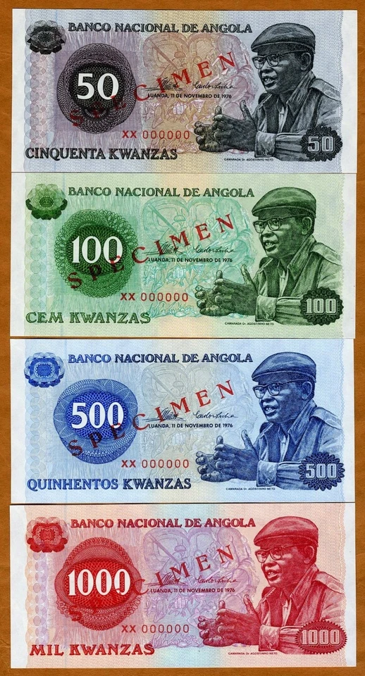 SPECIMEN Set, Angola, 50;100;500;1000 Kwanzas, 1976, P-110s;111s;112s;113s UNC - Image 1 of 1