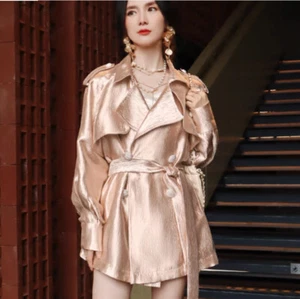 Lyocell Satin Double Breasted Short Trench Coat Women Lapel Collar Belted Jacket - Picture 1 of 8