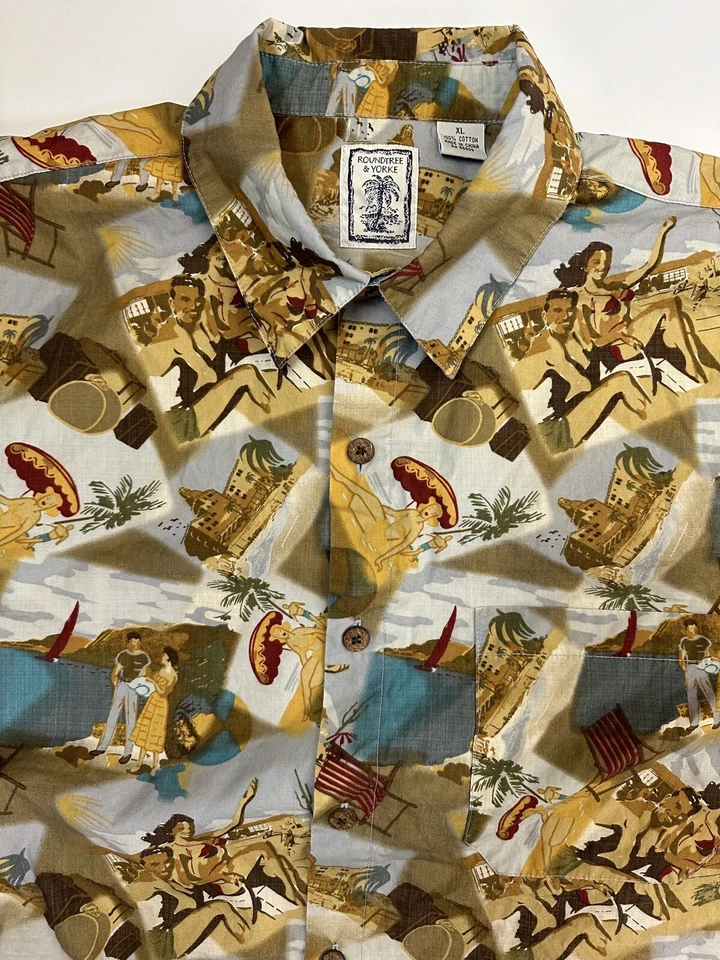 Vintage 90s Hawaiian Shirt Men XL Bikini Beach Postcard Collage Roundtree Yorke - Image 1 of 4