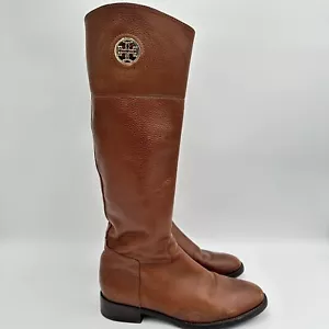 TORY BURCH Chestnut pebble Leather Gold Logo Junction Riding Knee High Boots 8.5 - Picture 1 of 9