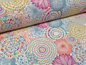 Pink Flowers & Leaves Floral Mandala Fabric Curtain Material 275cm wide canvas - Picture 1 of 9