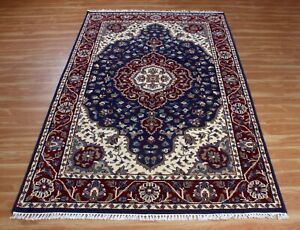 100% Wool Oriental Area Rugs Hand Knotted Indian Antique Look Blue Carpets 5x7ft