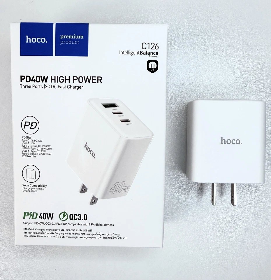 Cargador de pared rápido Hoco C126 PD 40W 3 puertos USB-C USB-A QC3.0 para iPhone Samsung Foto 1 de 4
