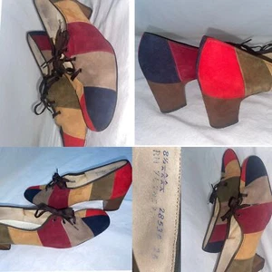 VTG 60s 70s Womens 8.5 Suede Rainbow Colorblock Laced High Heel Shoes - Picture 1 of 14