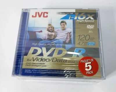 JVC 5-Pack 16x high speed DVD-R recordable DVD's 120 min, 4.7 GB factory sealed  - Image 1 of 4