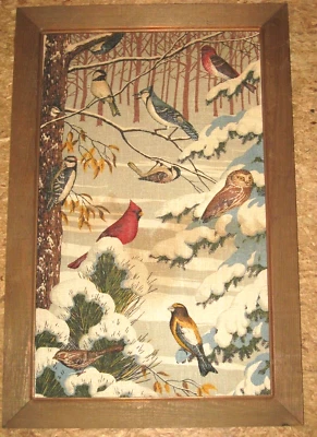 Framed Finished Stumpwork? Stuffed Raised Puff Work Birds Winter Scene Cardinal - Image 1 of 4