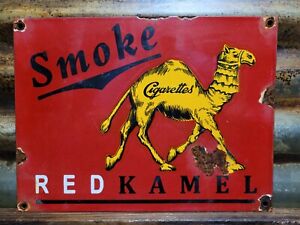 VINTAGE RED KAMEL PORCELAIN SIGN SMOKE CIGARETTE TOBACCO PIPE SMOKING COMPANY