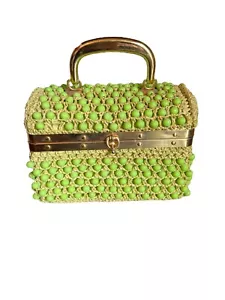 Mid Century Box Purse Handbag Green Crochet Mesh Candy Dot Beads Brass Handle - Picture 1 of 11