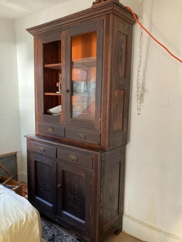 Antique Dark Oak Kitchen Cabinet 2 Piece Hoosier Style by Marysville Cabinet Co Cover