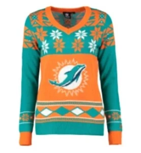 Suéter NFL Miami Dolphins Klew Para Mujer Cuello en V Logo Grande Aqua/Naranja Talla PequeñaNUEVO CON ETIQUETAS - Imagen 1 de 3