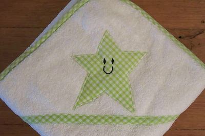 Handmade hooded baby towel with lime green gingham star applique - image 1 of 4