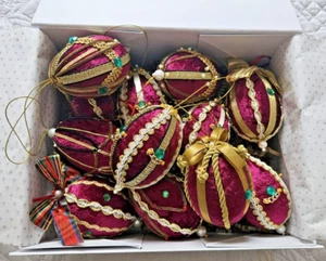 Luxury Christmas Tree Red Velvet Egg shape Bespoke Heritage Decorations SET X 12 - Picture 1 of 24