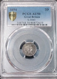 1694 ENGLAND, GREAT BRITAIN 2P Twopence 2 Pence Coin PCGS AU50 William & Mary - Bild 1 von 4