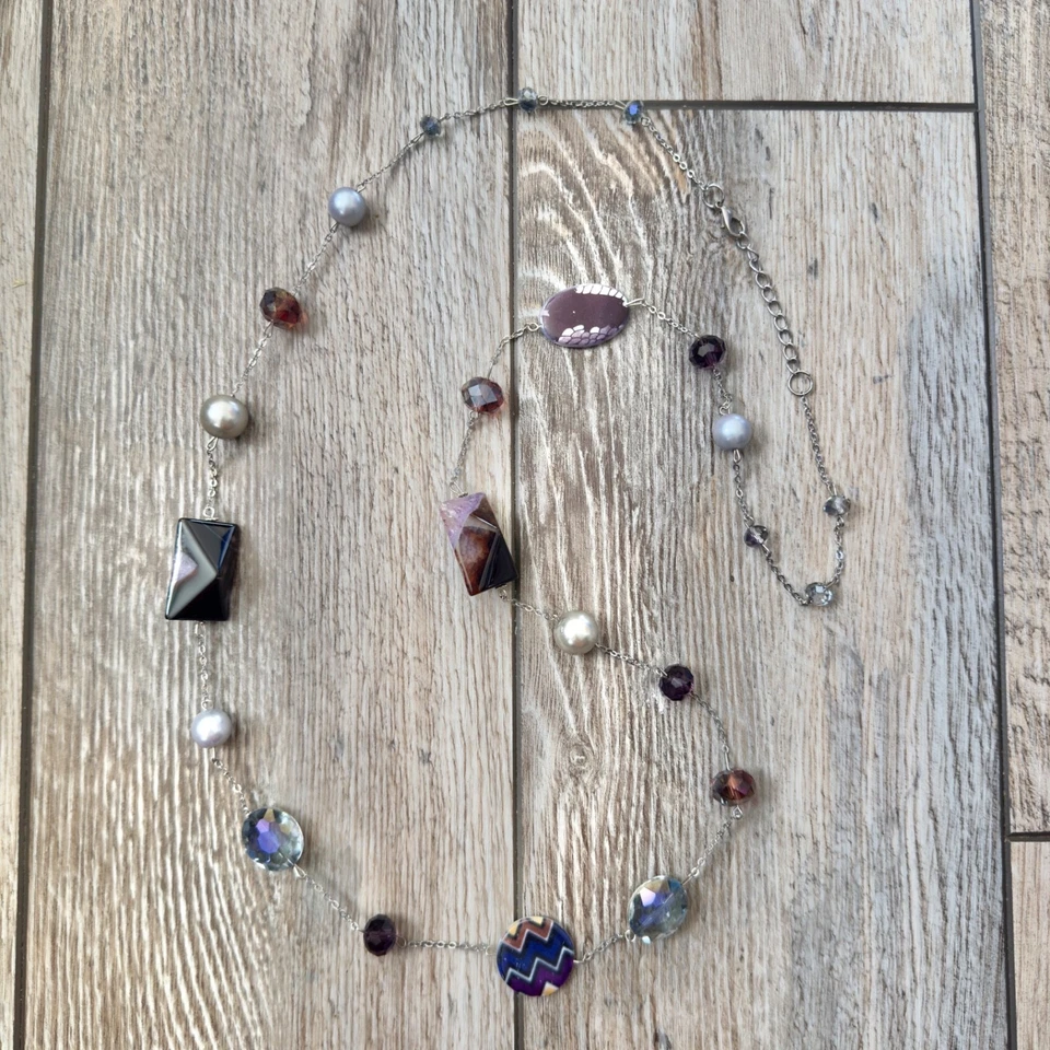 Collar de cadena con cuentas de materiales mixtos piedra vidrio plástico imitación perla tono plata Foto 1 de 4