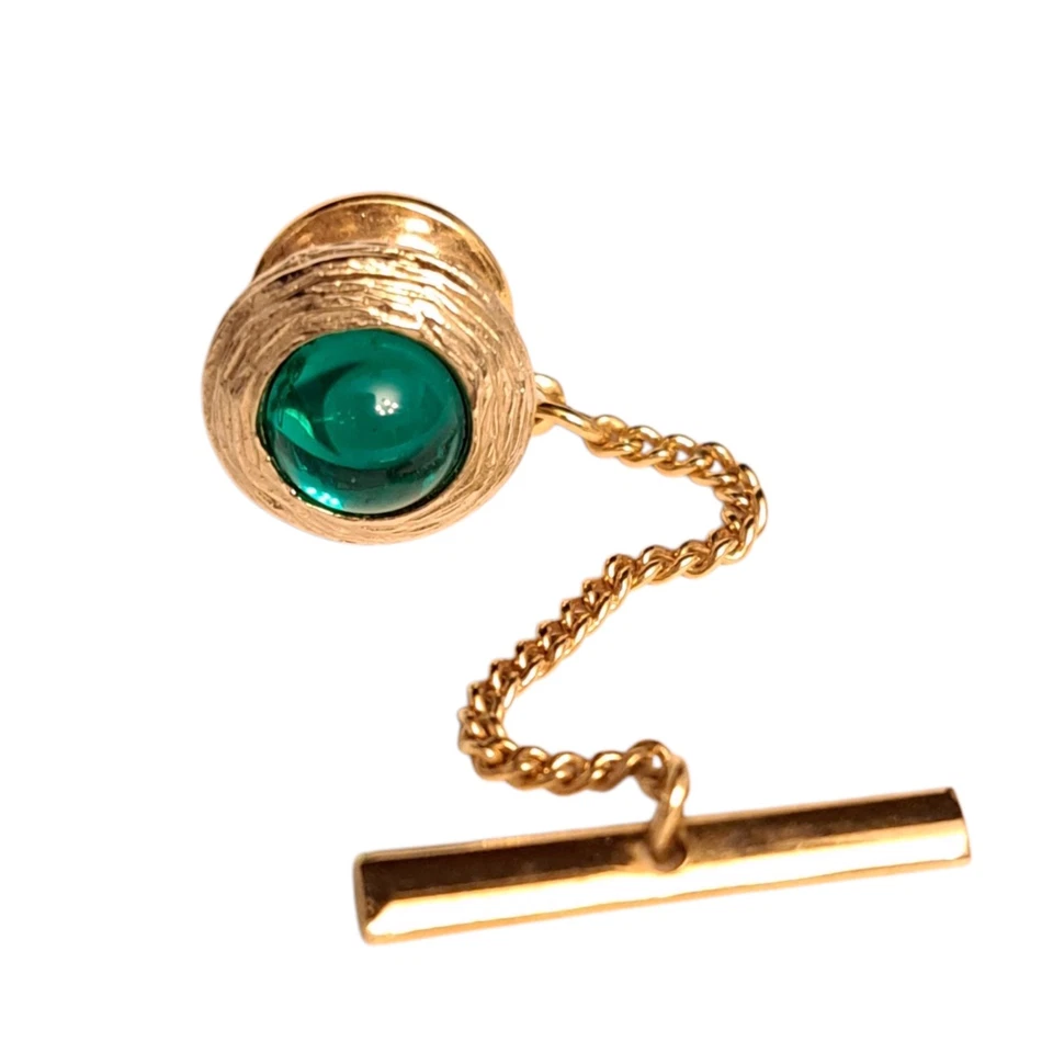 Vintage Bright Green Glass Tie Lapel Pin With Chain Dangle Gold Tone - Изображение 1 из 4