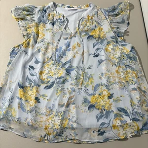 LC Lauren Conrad Women's Floral Blouse Tie  Flutter Sleeve Light Blue Yellow XXL - Picture 1 of 9