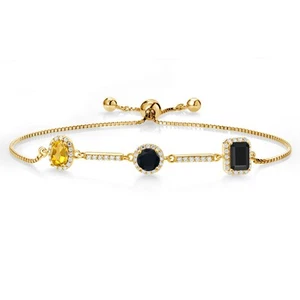 1.49 Ct Oval Yellow Citrine Black Onyx 18K Yellow Gold Plated Silver Bracelet - Picture 1 of 4
