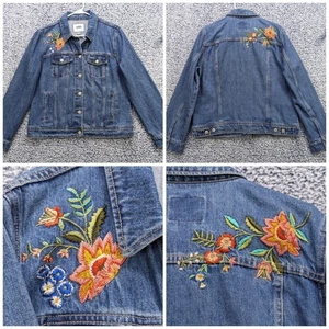 Antigua Chaqueta Vaquera Bordada Floral Azul Marino Talla XL Abotonada Camionero Jean Bohemio - Imagen 1 de 14