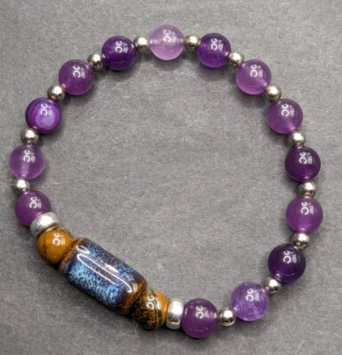 Pulsera elástica con cuentas púrpuras/ojo de tigre elegante para mujer (16 cm) Foto 1 de 4