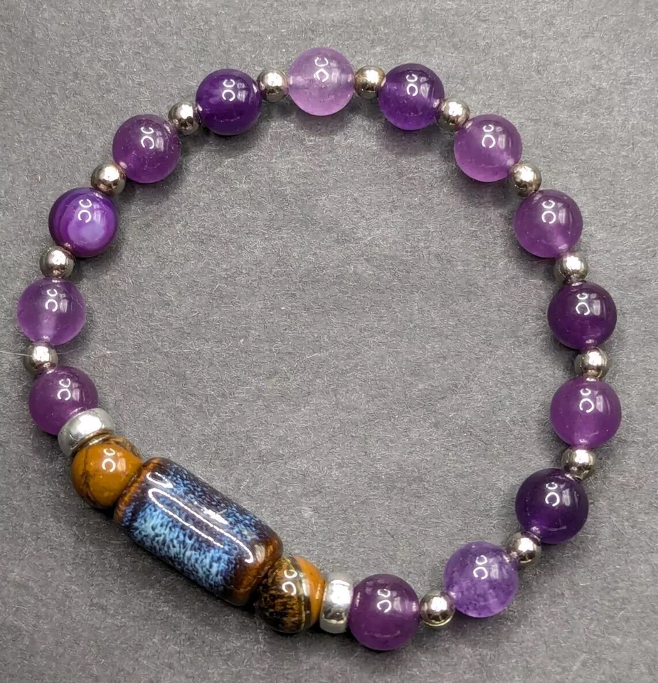 Pulsera elástica con cuentas púrpuras/ojo de tigre elegante para mujer (16 cm) Foto 1 de 4