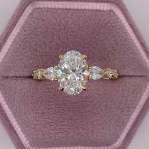 14K Yellow Gold Plated 2Ct Oval Cut Lab Created Diamond Three Stone Women's Ring - Picture 1 of 4