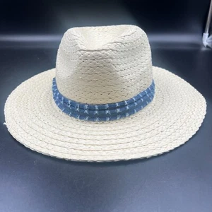 Sombrero de Panamá/Fedora de Paja Suave Blanco con Banda de Tela Azul - Imagen 1 de 6
