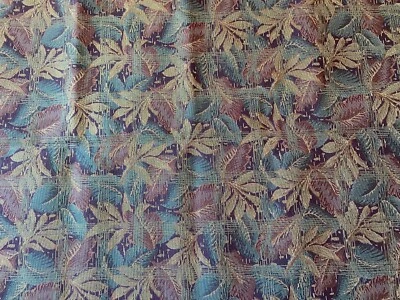 UPHOLSTERY FABRIC~Woven Tapestry~SQUARES LEAVES~DK Brown Teal Tan~ATTACHD BACKNG - Image 1 of 4